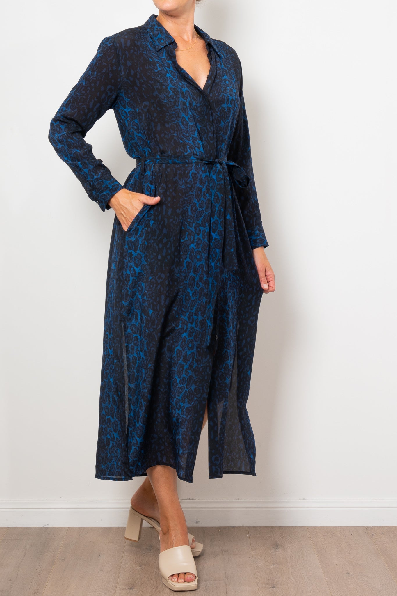 Mela Purdie Tie Shirt Dress Sapphire Leopard Silk Print