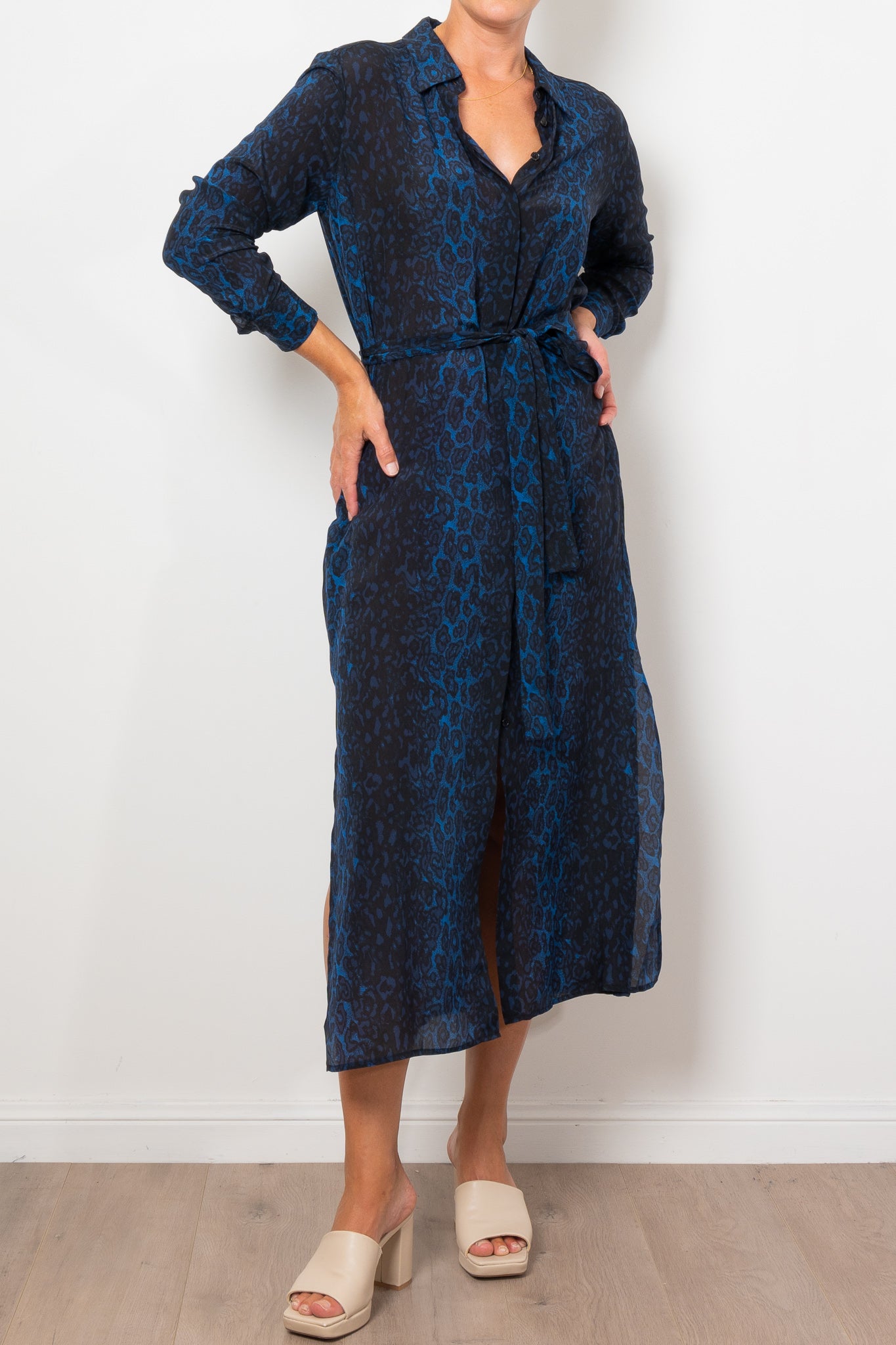 Mela Purdie Tie Shirt Dress Sapphire Leopard Silk Print