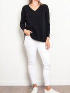 Mia Fratino Cashmere Essentials V Neck Boyfriend Sweater - Impulse Boutique#colour_jet-black