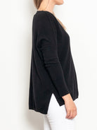 Mia Fratino Cashmere Essentials V Neck Boyfriend Sweater - Impulse Boutique#colour_jet-black